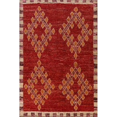 Red Geometric Moroccan Oriental Area Rug Handmade Tribal Wool Carpet - 6'7" x 9'10"