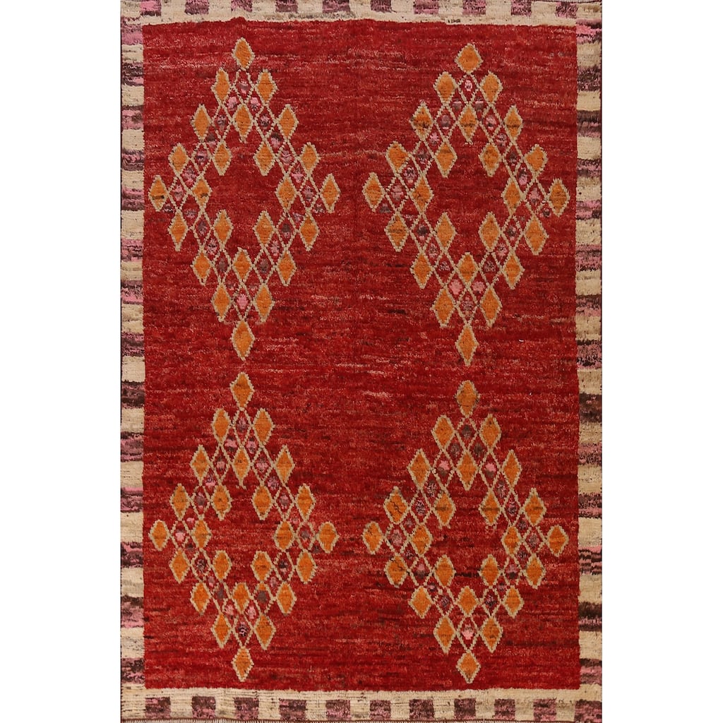 Red Geometric Moroccan Oriental Area Rug Handmade Tribal Wool Carpet - 6'7" x 9'10"