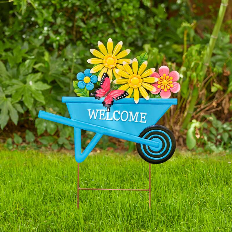Glitzhome Easter Metal Wheel Barrow Garden Cart Yard Stake Spring Outdoor Decor - 30"H
