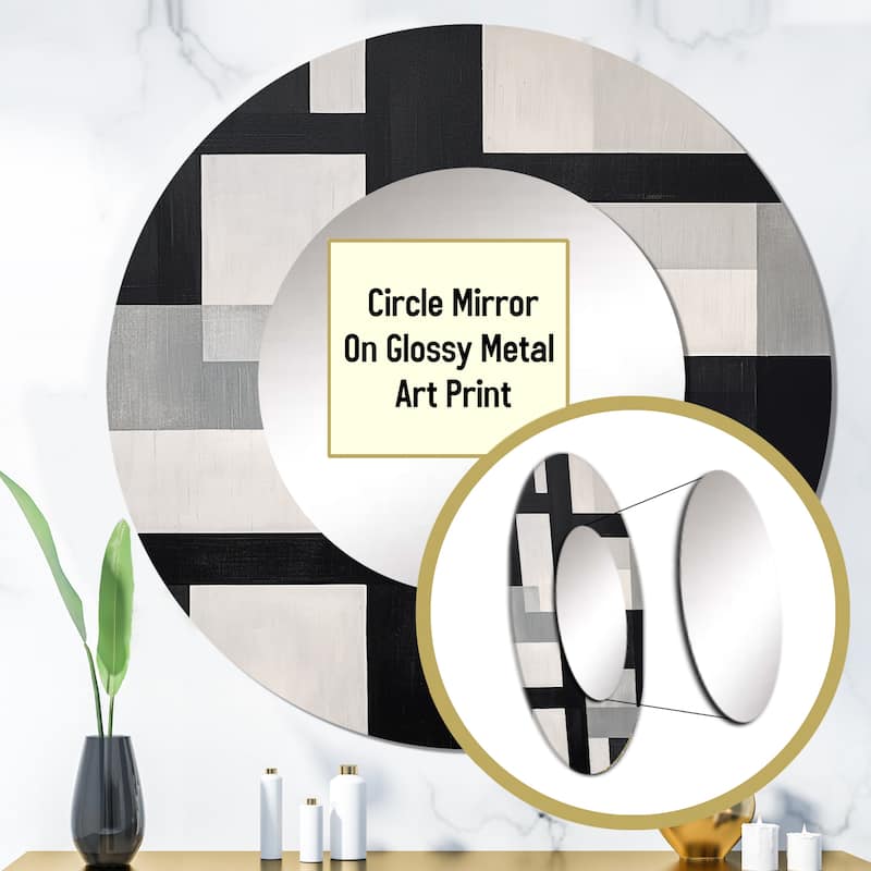 Designart "Black And White Cuboids Dream I" Abstract Shapes Round Office Mirror - Black Modern Mirror For Wall Décor