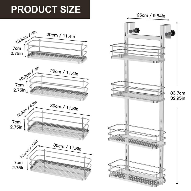 Adjustable Hanging Over the Shower Door Caddy,Bathroom Organizer Shelf Storage with 4 Hooks for Razor - Silver-4 Pack
