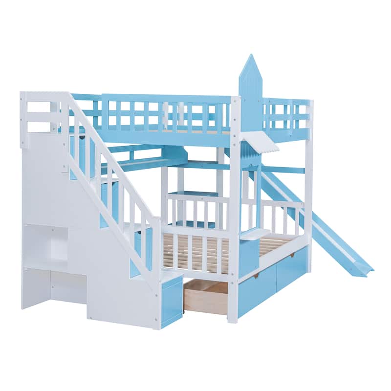 Castle Style Bunk Bed with 2 Drawers 3 Shelves and Slide