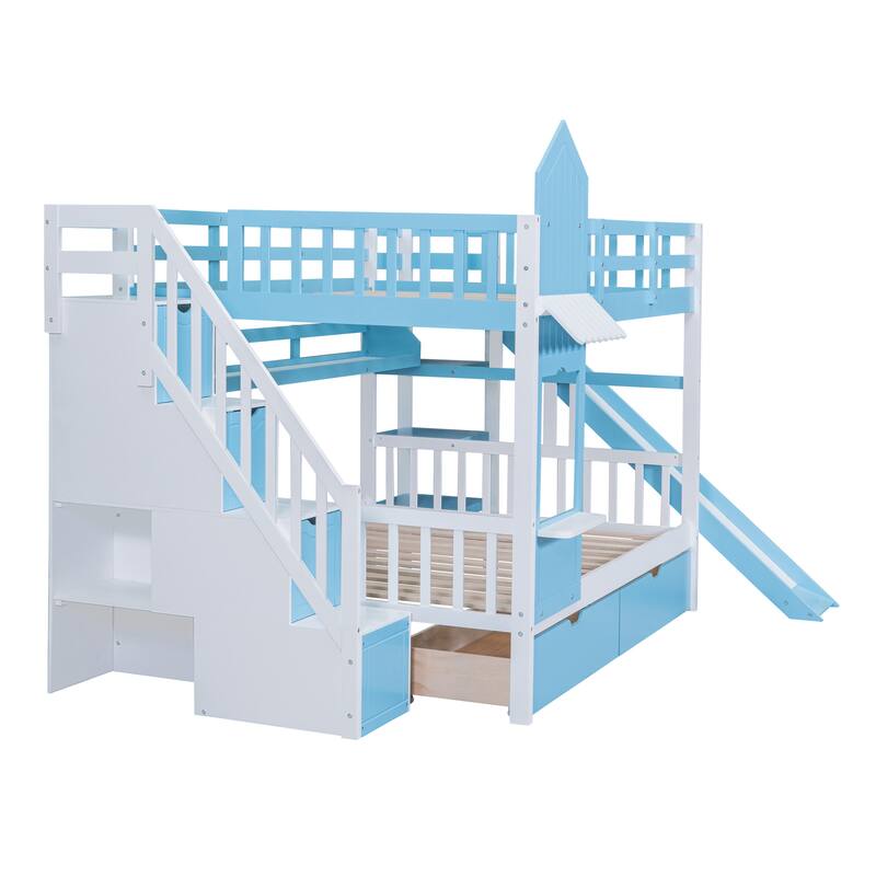Castle Style Twin/Full Bunk Bed with Slide, 2 Drawers, 3 Shelves, and Playhouse Design