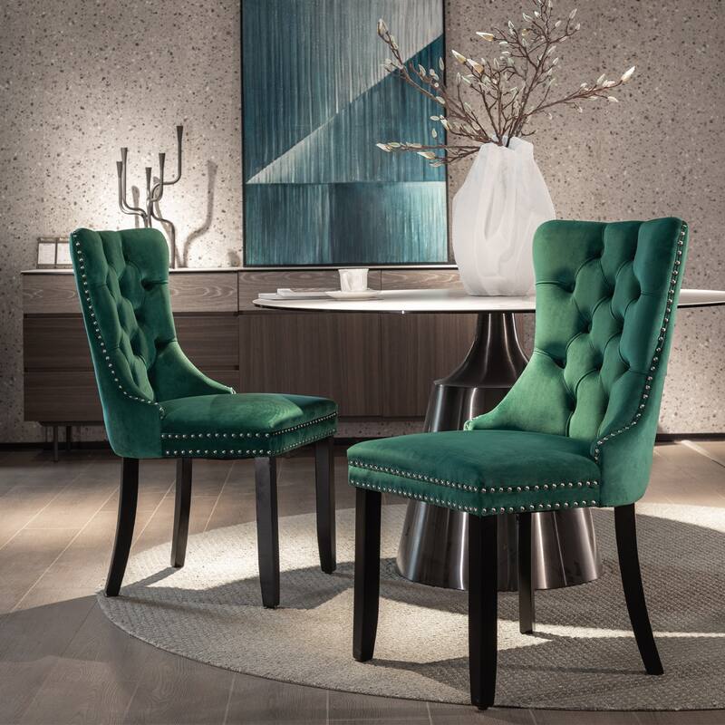 Modern Set of 2 Velvet Tufted Dining Chair with Wood Legs and Nailhead Trim