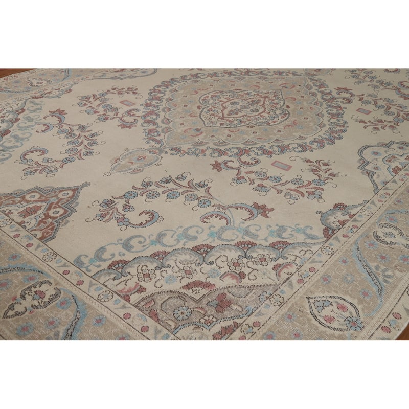 Medallion Tabriz Persian Rug Beige Hand-Knotted Wool Carpet - 9'6"x 13'3"