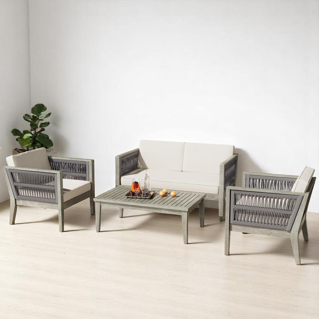 4-Piece Outdoor Patio Furniture Set with Rope Woven Seats,Includes 2 Club Chairs, Loveseat & Table,outdoor Conversation Set