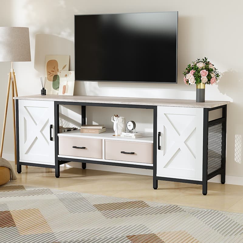 Farmhouse TV Stand for up to 65" TV with Storage Cabinets and Drawers - Black/White