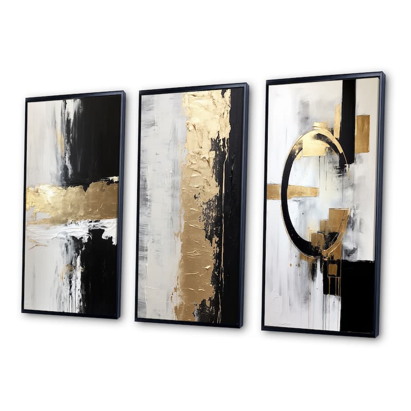 Designart "Horizontal Dimensions Abstract Gold Black" Abstract Painting Frame Gallery Set Of 3 For Office Decor