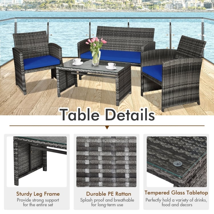 4 Pieces Patio Rattan Furniture Set with Glass Table and Loveseat - 43.5" x 25"x 31" (L x W x H)