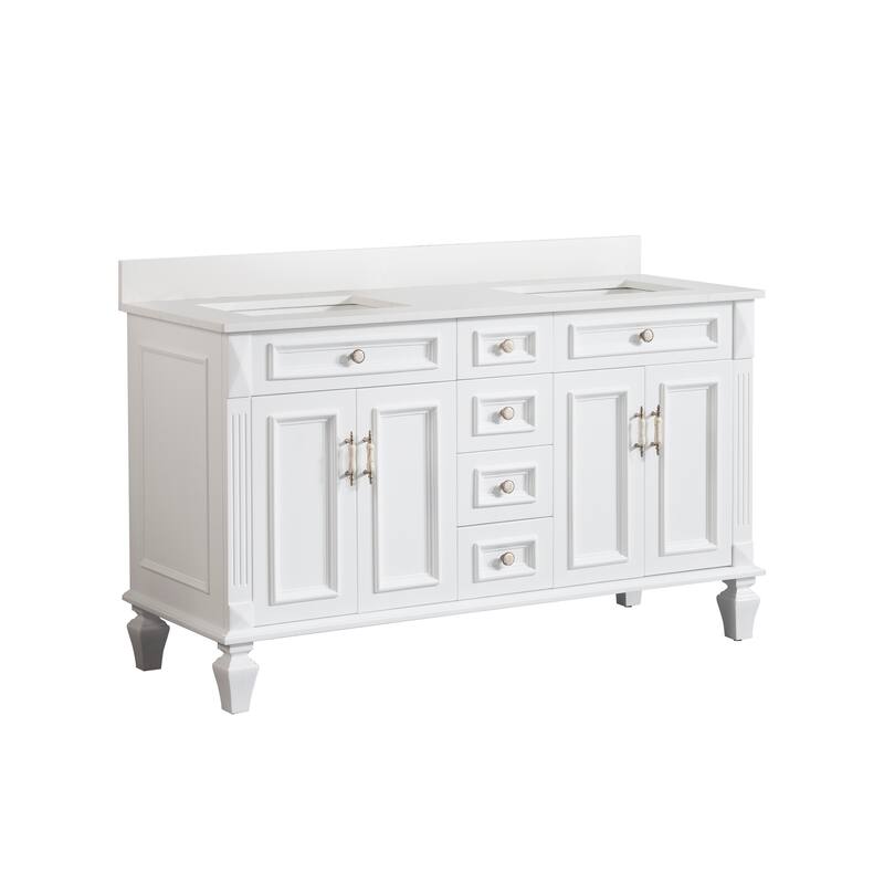 35'' H Solid Wood Bath Vanity with Stain-resistant Carrera White Quartz Top and Double Sink
