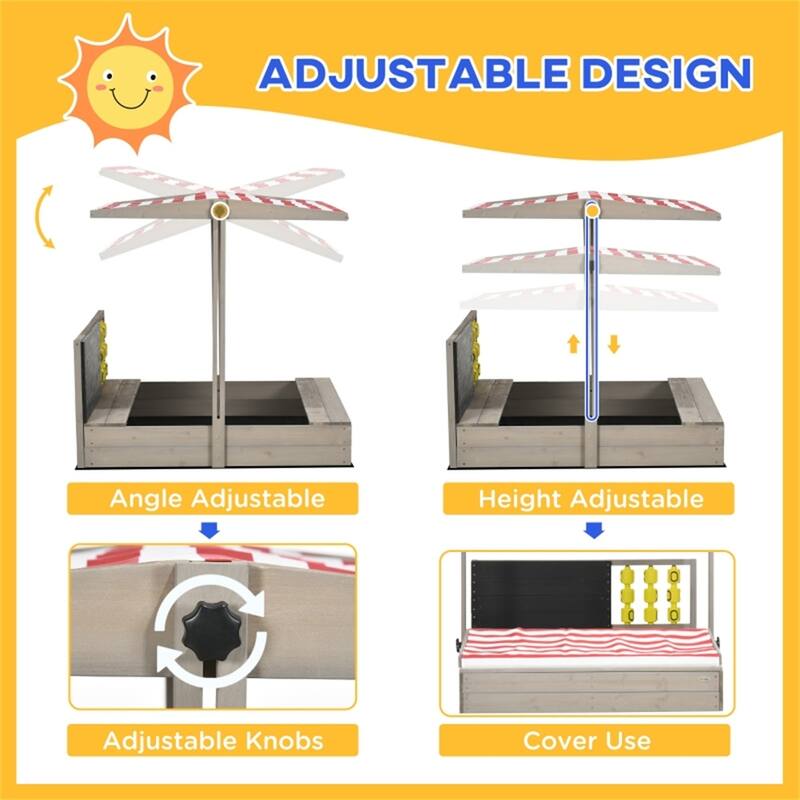 Gray Wooden Kids Sandbox with Adjustable Canopy Bench and Interactive Play Panels for Ages 3 to 7 Years