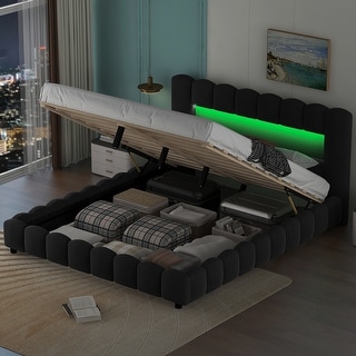 Queen Size Platform Bed with LED Headboard and Large Underneath Storage, Upholstered Bed with Support Legs, Grey