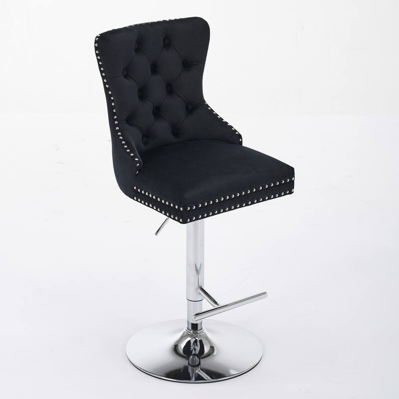 Set of 2 Thick Chrome Swivel Velvet Barstools, Adjustable 25-33" Height with Diamond Pleating & Spring Seat - Black