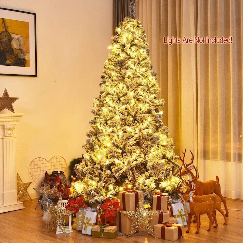 6ft-7ft Artificial Snow Flocked Christmas Tree with Metal Stable Stand Base for Indoor and Outdoor Holiday Decoration