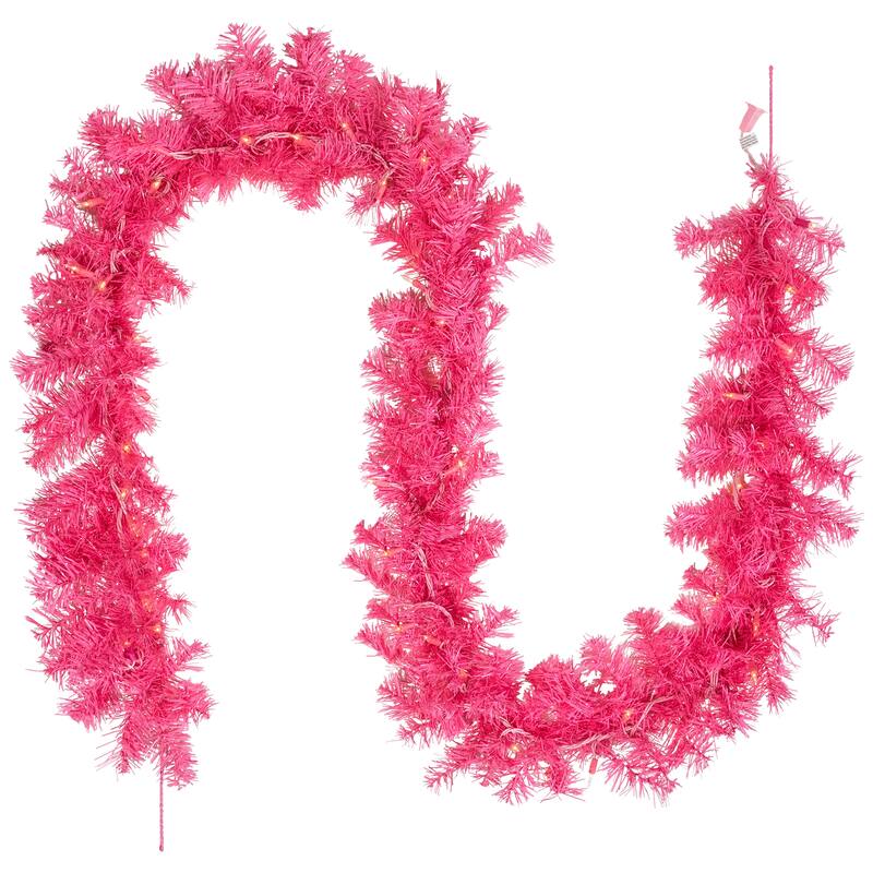 Pre-Lit Artificial Tinsel Christmas Garland - 9' x 8" - Pink - Clear Lights