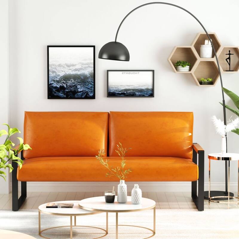 Mieres Mid-Century Style Faux Leather Loveseat Sofa with Steel Frame - Orange