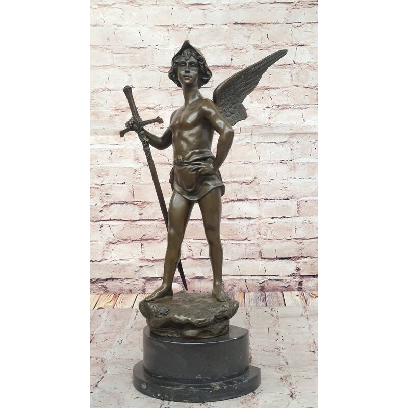 Young Saint Michael Archangel W/ Sword Bronze Statue Sculpture Figure 21 Inches X 11 Inches