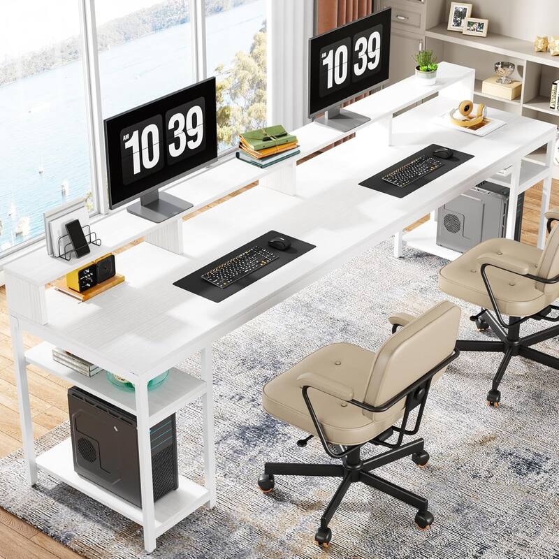 Two Person Desk Long Computer Desk with Monitor Stand and Storage Shelves