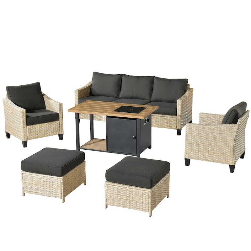 HOOOWOOO Outdoor 6-piece PE Wicker Conversation Patio Set with Fire Pit Table