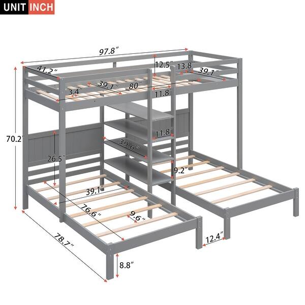dimension image slide 1 of 2, Pine Wood Bunk Bed, 4-Shelf Storage, Built-in Ladder, 3 Beds in 1
