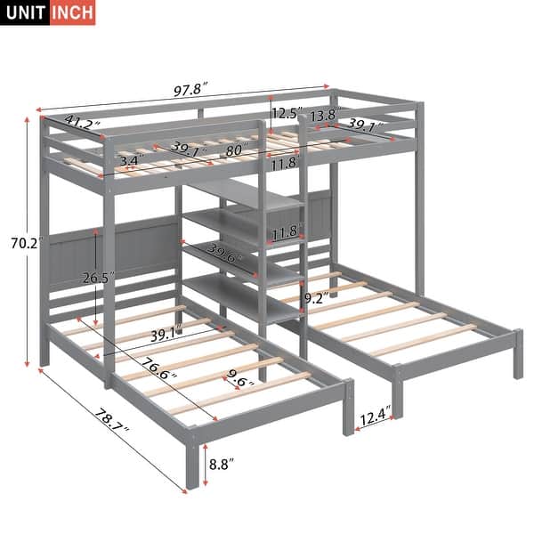 Pine Wood Twin XL over Twin & Twin Bunk Bed with 4-Shelf Storage