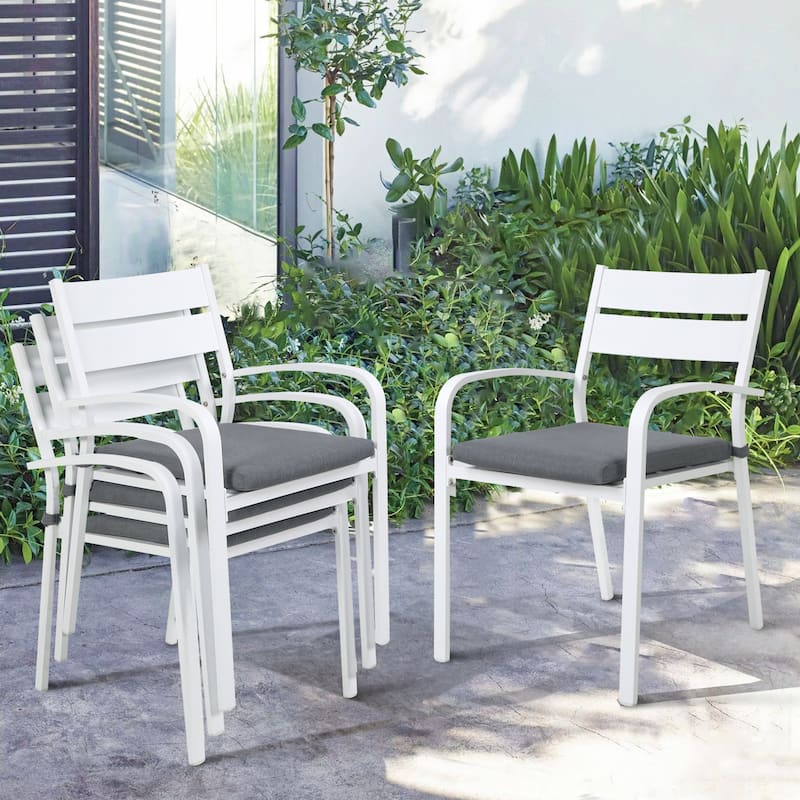 Outdoor Stackable Aluminum Dining Chair with Cushion (Set of 4) - White