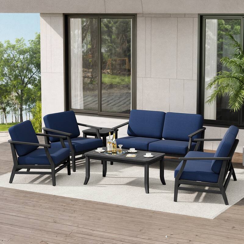 Teak Outdoor Patio Conversation Set with Cushions and Tables (6-Piece) - Navy - Black Wood