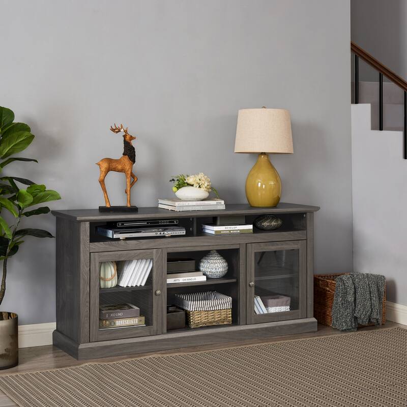 Modern TV Stand Media Stand Modern Entertainment Console for TV Up to 65" with Glass Door Open and Closed Storage Space