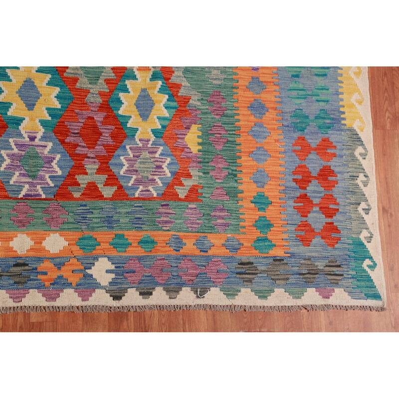 Geometric Kilim Oriental Large Rug Hand-Woven Bedroom Wool Carpet - 10'3"x 16'2"
