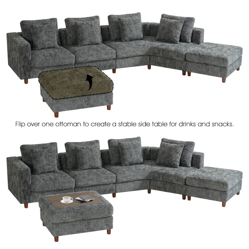 GDFStudio - Modular Chenille 4-Seater 144" Oversized Sectional Sofa with Ottomans