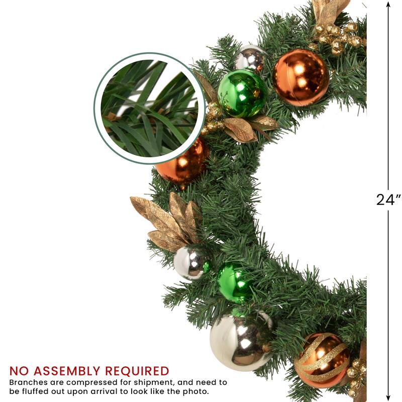 Green Foliage with Ornaments Artificial Christmas Wreath 24 Inch Unlit