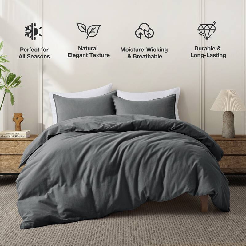 Flax Linen Cotton Blend Duvet Cover Set, Durable, Breathable and Moisture-Wicking, 3 Piece Bedding Set - Twin - Charcoal Gray