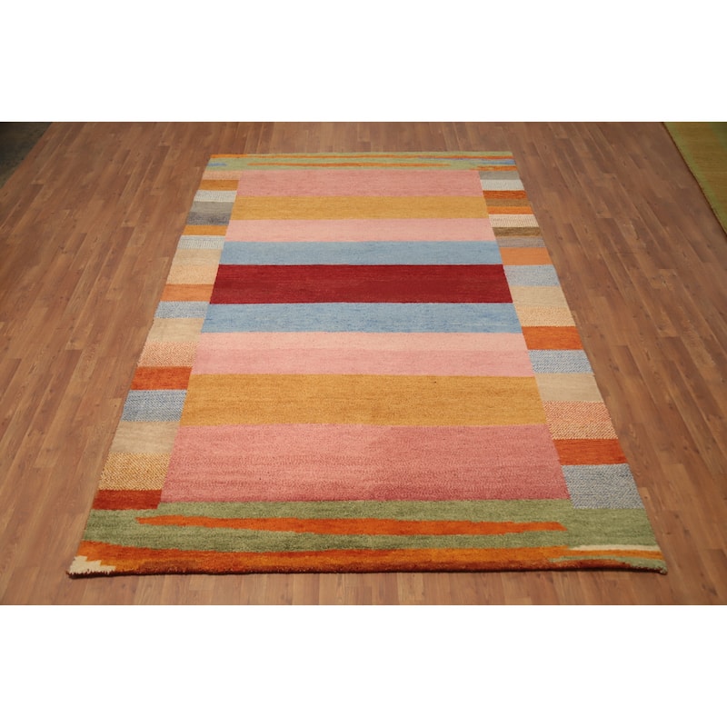 Hand Knotted Oriental 100% Wool Carpet Modern Stripe Multi-Colored Gabbeh Area Rug - 9' 7'' X 6' 5''