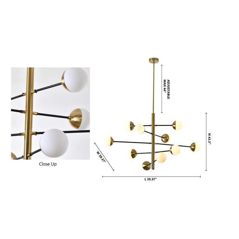 10-Light Brass And Black Chandelier With Glass Shades