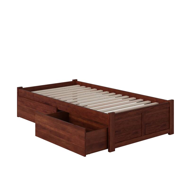 Concord Twin XL Platform Bed with Footboard and 2 Bed Drawers in Walnut