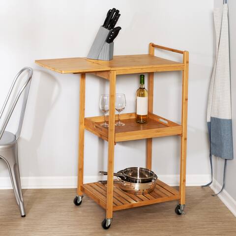 Natural Bamboo Kitchen Cart with Drop-Leaf and Tray
