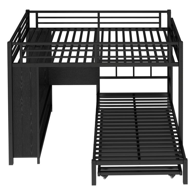 Queen Over Twin Metal Bunk Bed with Built-in Wardrobe, Trundle, Foldable Desk, and Noise-Reduced Design