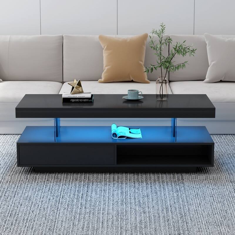 Modern Coffee Table with 2 Drawers and Display Shelves and LED Lights
