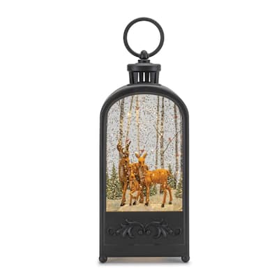 LED Lighted Lantern Snow Globe with Forest Deer - 9.5" - Bronze and Brown
