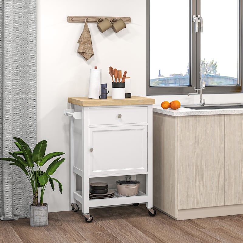 Utility Kitchen Cart with Smooth Rubberwood Top, Narrow Butcher Block Surface on Wheels with Storage Drawer and Cabinet