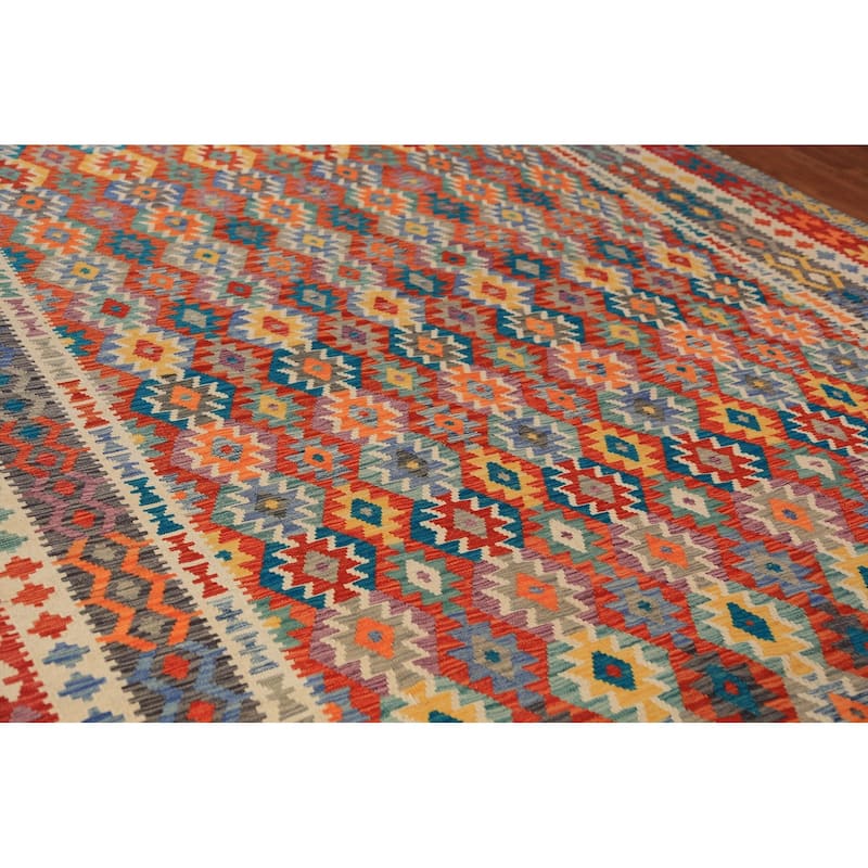 All-Over Geometric Kilim Oriental Large Rug Flatweave Wool Carpet - 10'0"x 15'9"