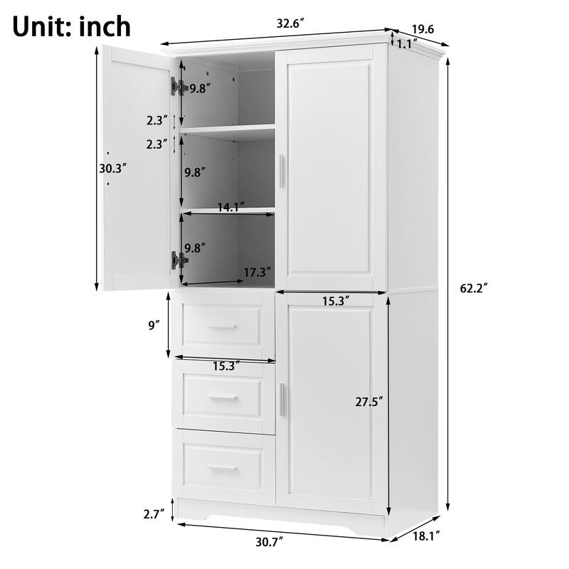 Freestanding Floor Storage Cabinet with 3 Door, 3 Drawers, Long Bar Handles and Adjustable Shelf for Office Living Room Bathroom