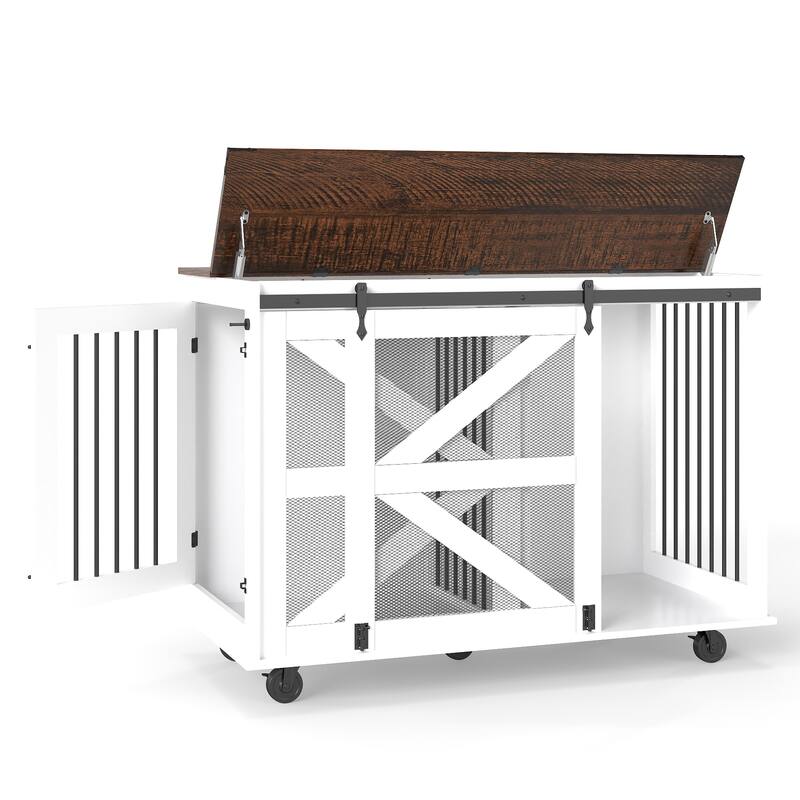 47.2" Multi-Functional Pet Kennel with Flip-Top Feeding Door, Dual-Access, 5 Caster System, Side Hooks