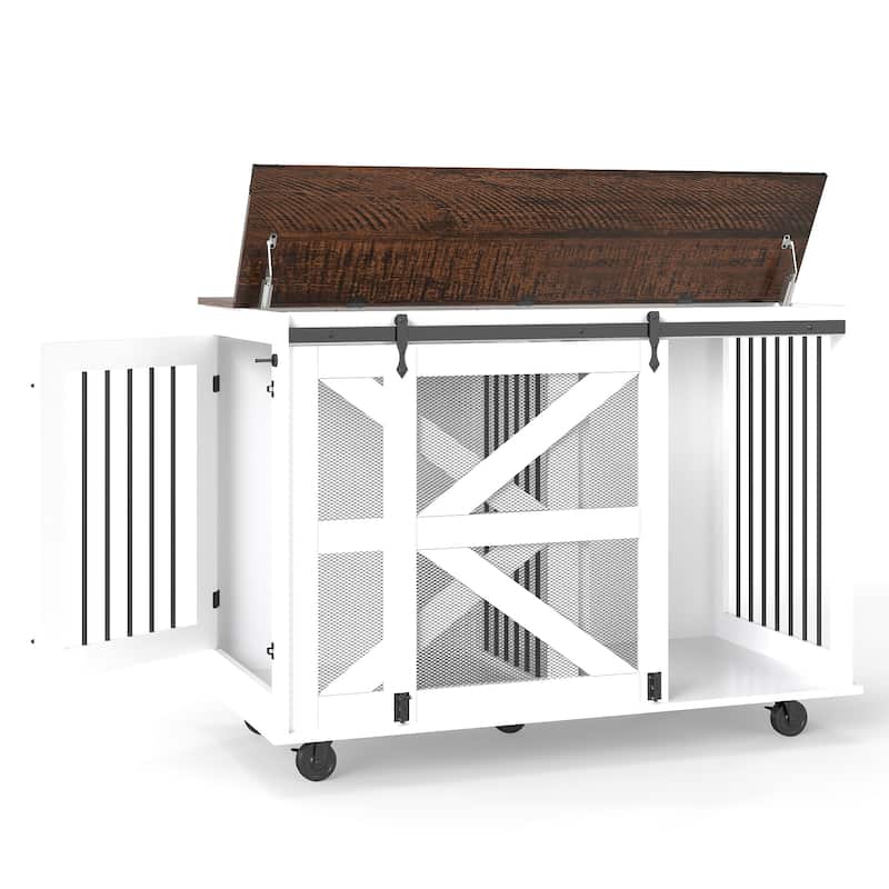 Mobile Dog Crate with Flip-Top Feeding Door, 2-in-1 Convertible Crate with 5 Casters & Side Hooks, Double Dog Crate Furniture