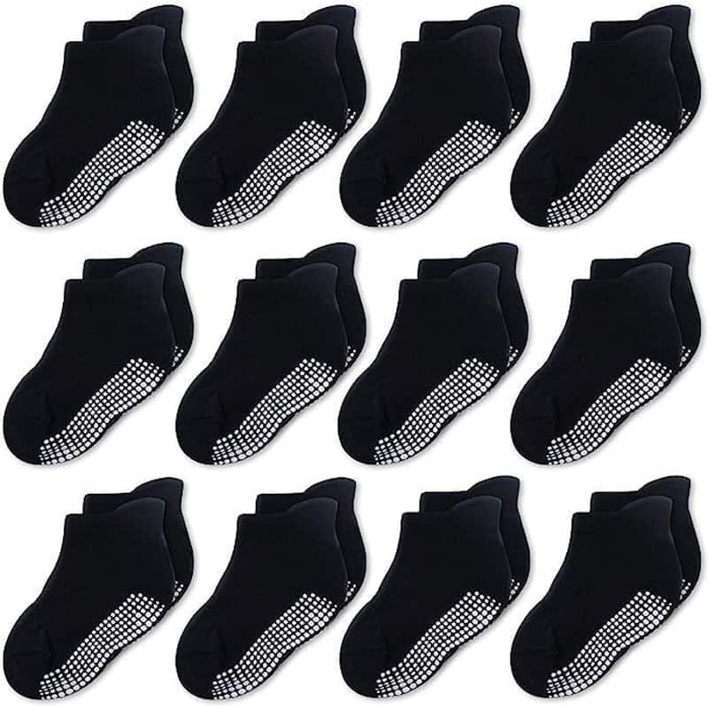 CozyWay CozyWay Non-Slip Ankle Style Socks with Grippers, 12 Pack Solid Black, 3-5 Years