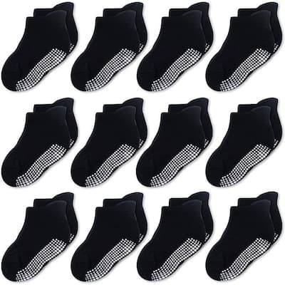 CozyWay CozyWay Non-Slip Ankle Style Socks with Grippers, 12 Pack Solid Black, 3-5 Years