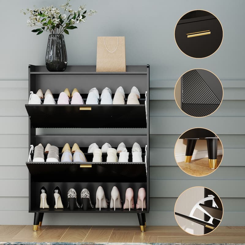 Slim Shoe Cabinet, Fluted Hidden Shoe Storage Cabinet with 2 Flip Drawers