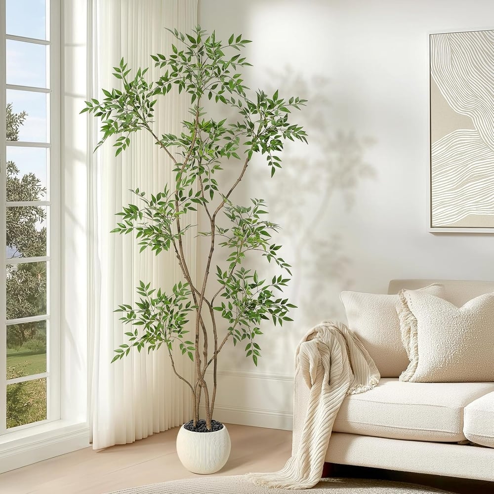 Artificial Plants Indoor, 5FT Tall Faux Floor Plant in Pot, Nandina Artificial Tree with Grey Planter