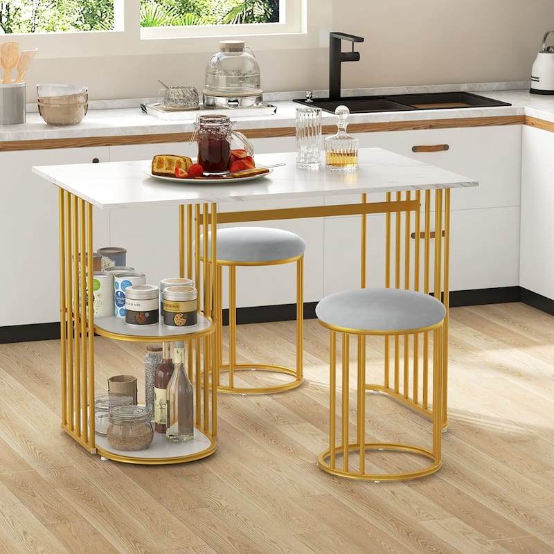 Gymax 3 Piece Dining Table Set w/ 2 Stools 2-tier Storage Shelf