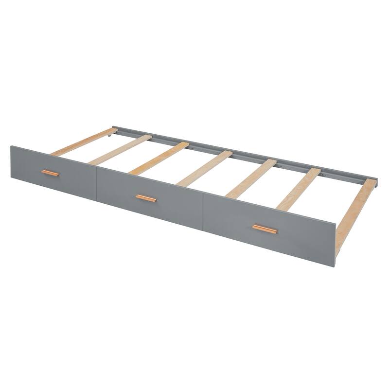 Twin Wooden Bunk Bed with Trundle, and Wardrobe, Desk & 5 Drawers - Gray Plywood, 400lb Capacity